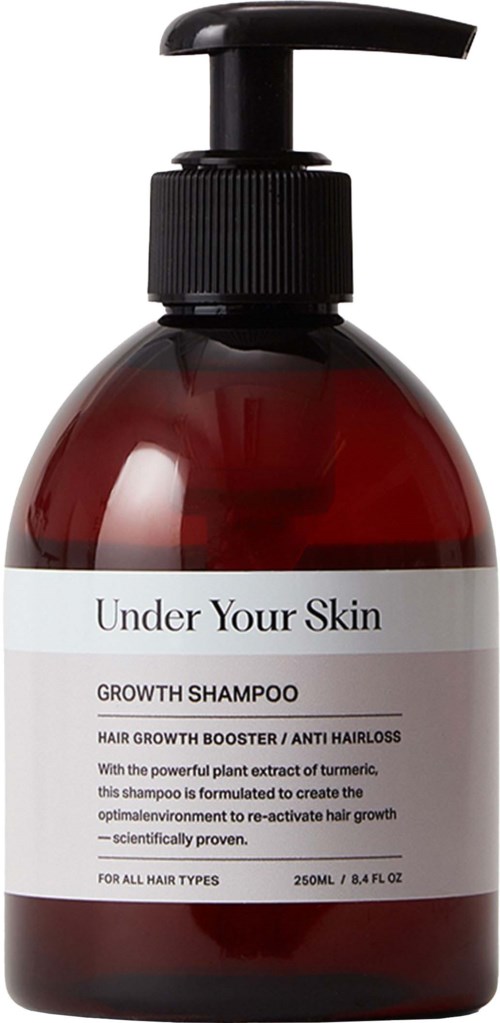Braune Flasche mit schwarzem Pumpaufsatz, Beschriftung "Under Your Skin", enthält Wachstumsshampoo für das Haarwachstum und Haarausfall.