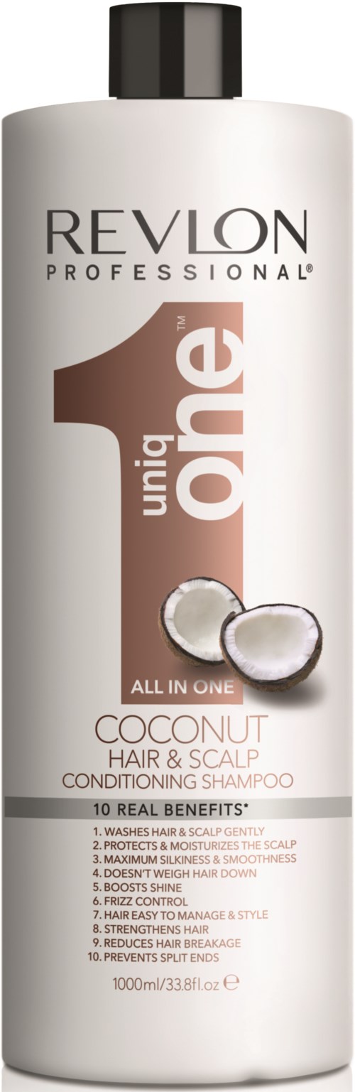 En vit flaska med Revlon hårschampo med svart lock, med kokosillustrationer och fördelar på etiketten.