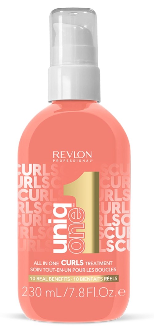 En rosa flaska med vit pump, märkt Revlon Curl Therapy för hår, storlek 230 ml.