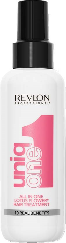 Valkoinen pullo mustalla suihkepäällä, merkinnät 'Revlon Professional Uniq One' pinkillä ja mustalla tekstillä, hiustenhoitoa varten.
