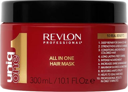Punainen Revlon All-in-One Hair Mask -purkki mustalla kannella, hyödyt mainittu etikettissä, 300 ml.