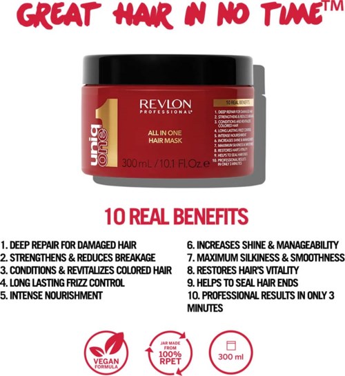 Punainen Revlon-hiusnaamio purkki valkoisella taustalla. Purkki on 300 ml ja vegaaninen.