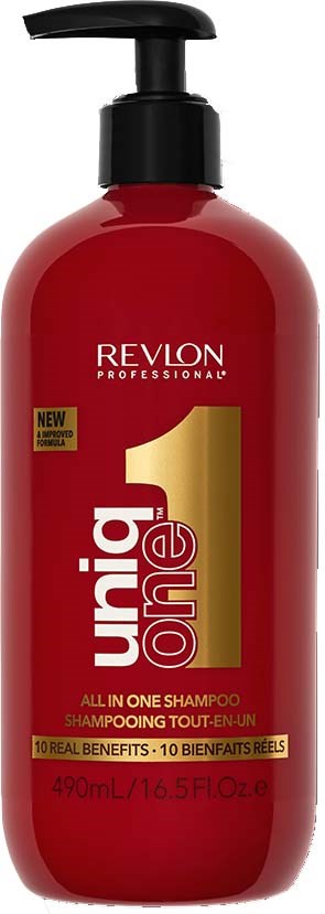Punainen pullo mustalla pumpulla, Revlon Uniq One -shampoo, 10 etua, 490 ml tilavuus.
