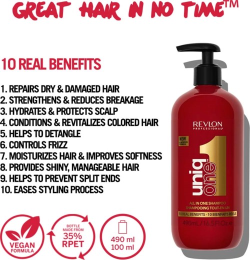 Punainen Revlon-shampoopullo, jossa musta pumppu ja kihlaruoka hiushoidosta.