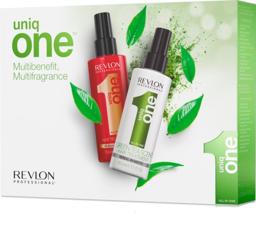 Två Revlon-hårsprayer med gröna blad runt, en röd och en vit, som marknadsför doft och fördelar.