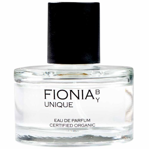 En klar parfabylt med sort låg mærket 'FIONIA UNIQUE' og 'Eau de Parfum.'