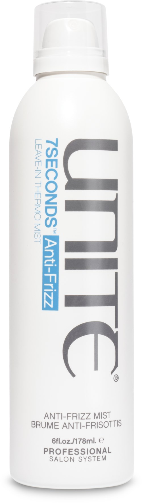 En hvid flaske med pumpeetikett mærket Unite T-Seconds Anti-Frizz Mist til hår, hvilket indikerer, at det er et professionelt salonprodukt.