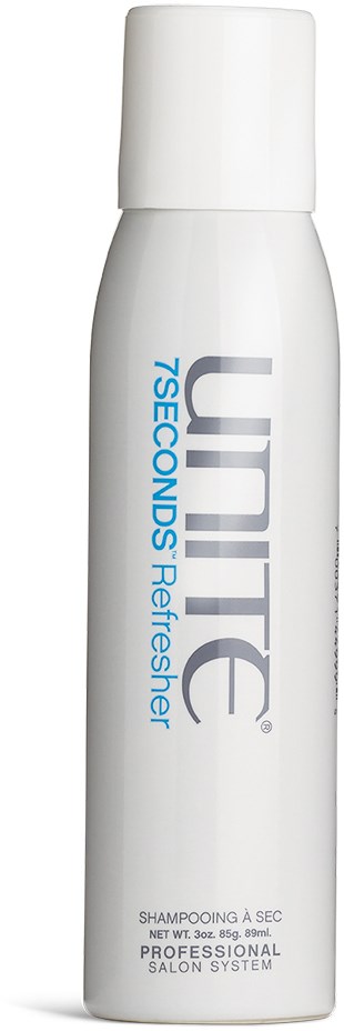 En vit flaska med Unite Tseconds Refresh schampo med vit lock och blå och grå text på etiketten.