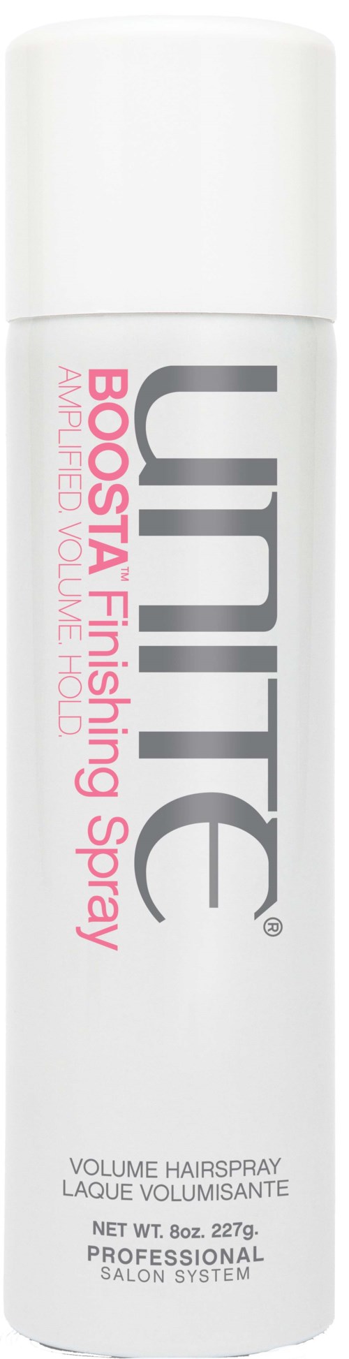 En hvit sprayboks med rosa og svart tekst, merket 'UNITE BOOST' styling spray for hårvolum.