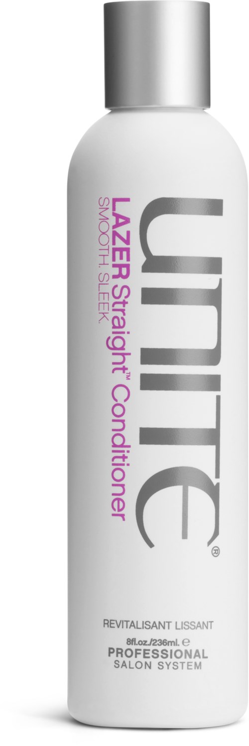 En hvid flaske med sølvhat. Den har ordene "Lazer Smoothing Conditioner" og mærket "Unite" i store bogstaver.