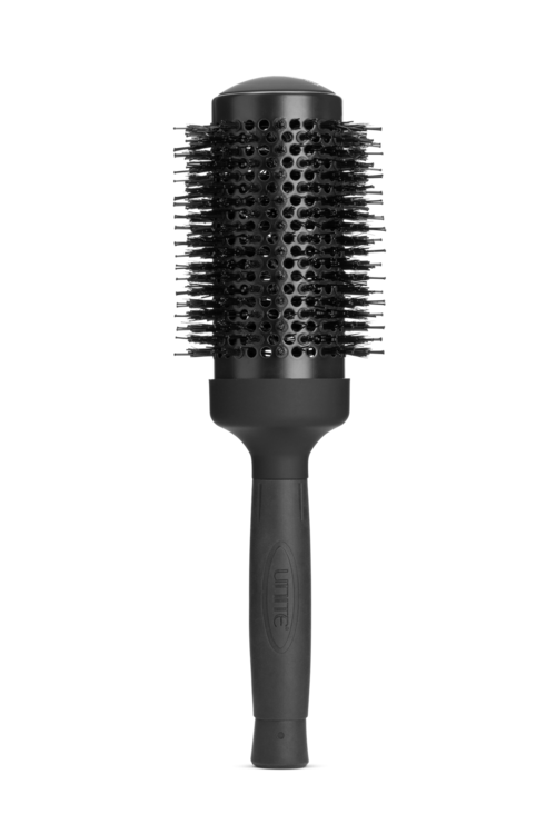 A round black hairbrush with a handle and numerous bristles for styling hair.