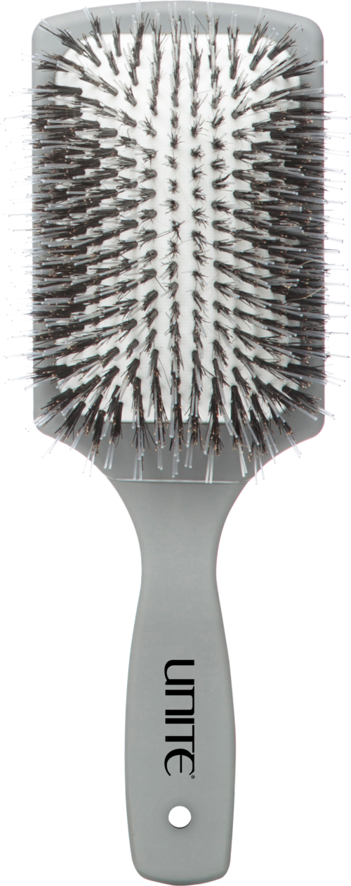 En vit hårborste med metallt Beach bristles och ett grått handtag med texten "UNITE".