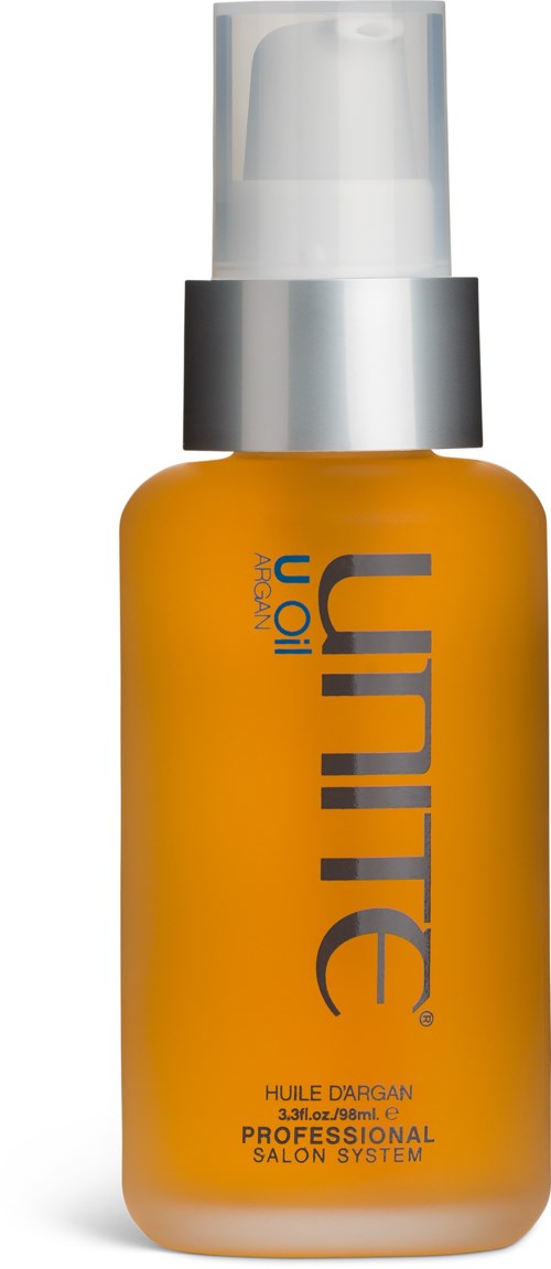 Orange flaska med pump, märkt 'Elit LIB' och 'Huile d'Argan', för hår- eller hudvård.