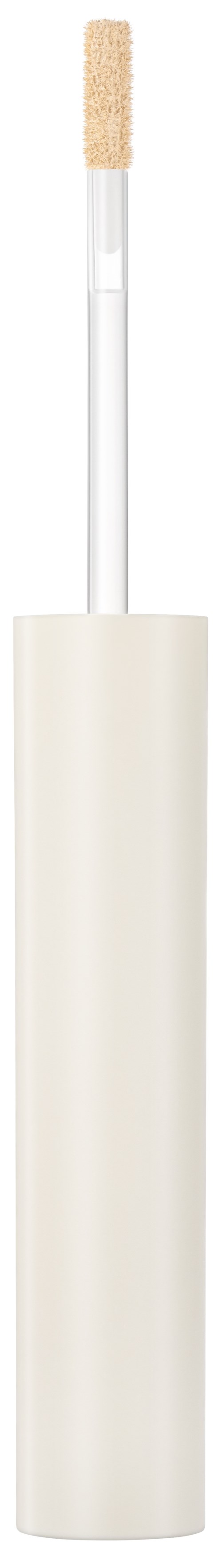 A lip gloss applicator with a white cylindrical tube and a brush tip.