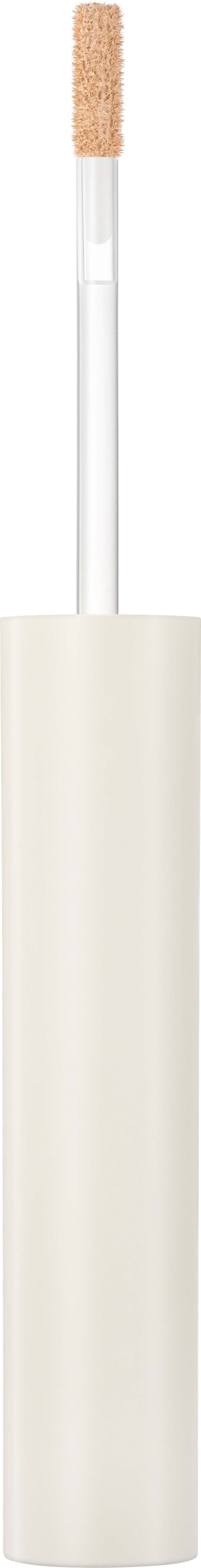 A white lip gloss tube with a clear applicator brush and a beige gloss inside.