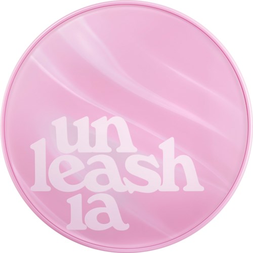 Różny okrągły pojemnik z napisem "unleash la" w białych, stylizowanych literach.