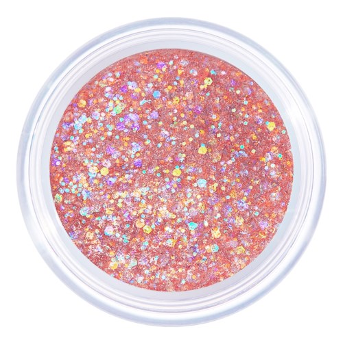 Shimmering pink glitter with multicolored specks in a clear container.
