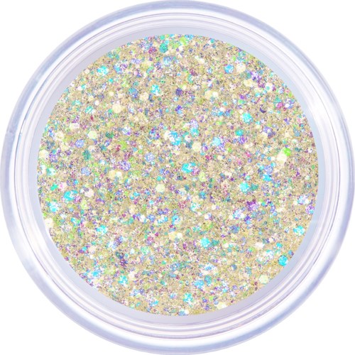 A round container filled with shiny, multicolored glitter. The glitter reflects light and appears sparkly and vibrant.
