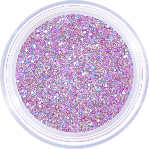 Pink and purple glitter in a round container, shiny and sparkling.