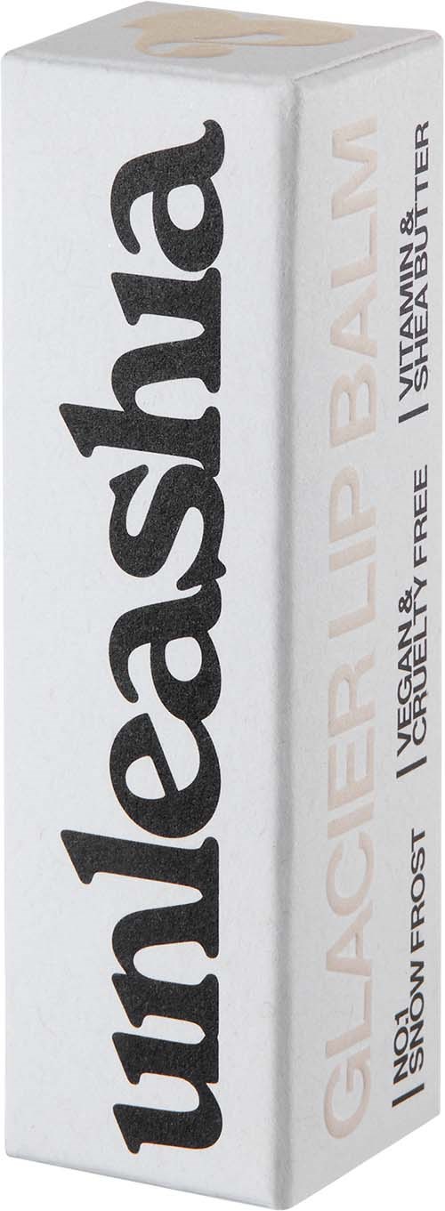 A white rectangular box labeled 'unleashaha' with product details, including 'Glacier Flip Balm' and 'Vegan & Cruelty Free' in black text.