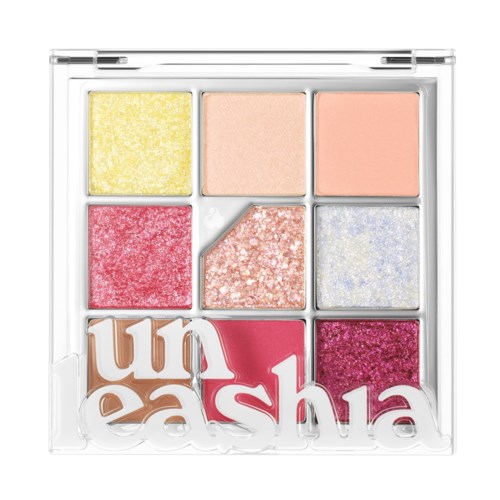 En färgglad ögonskuggspalett med sex nyanser, inklusive gul, persika, rosa, rött, glitter och lila, med ordet 'unleash' längst ned.