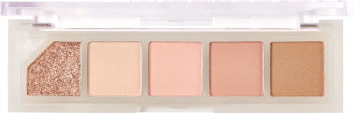 A makeup palette with five shades, from glitter to soft pink to beige and brown. It is inside a clear case.
