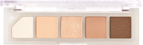 A neutral eyeshadow palette with five shades from light to dark, including matte and shimmery options.