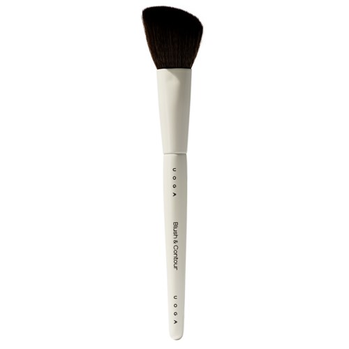 A makeup brush with a black fluffy end and a white handle labeled "Beauty & Colour".