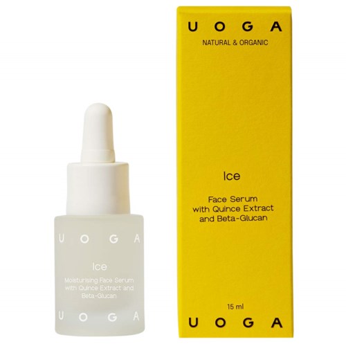 Gelbe Box und weiße Flasche mit UOGA Ice Gesichtserum mit Pipette. Serum enthält Quittenextrakt und Beta-Glucan.