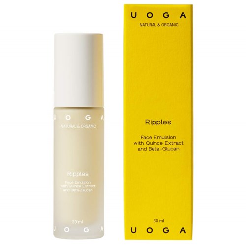 Een huidverzorgingsfles en een felgele doos met UOGA, Ripples gezichts emulsie met extracten, 30ml.