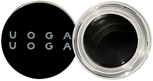 Svart gel eyeliner i en klar burk, med ett runt svart lock som visar en logotyp med vita bokstäver som stavar "UOGA".