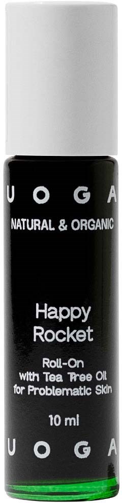 Kleine zwarte roll-on fles met witte dop, labeled 'Happy Rocket' en 'Tea Tree Oil'.