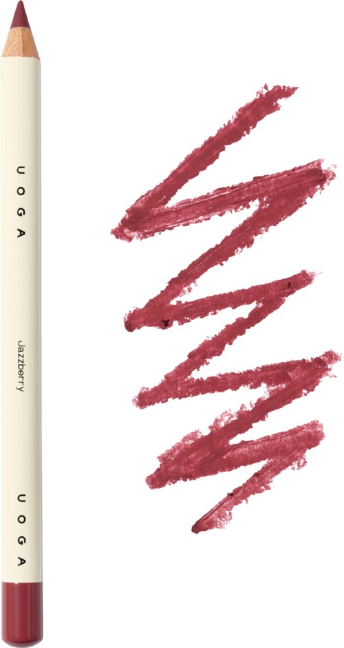 En sminkpenna formad som läppstift märkt 'JOGA' och 'raspberry' med röda makeuppenslar.
