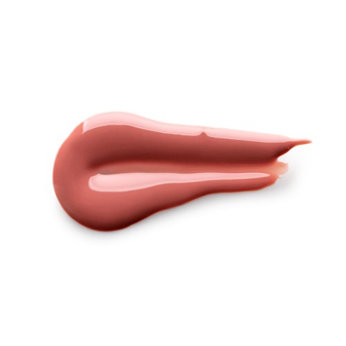 En stribe af lyserødlig-beige makeup eller læbestift på hvid baggrund.
