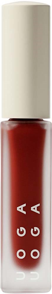 Eine kleine Glasflasche mit roter Lippenstift und weißem Deckel, beschriftet "GOGA" vertikal.