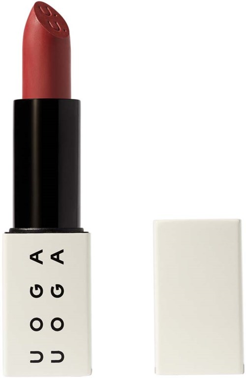 A lipstick in a black and white case with the brand name AGUGA, red color visible, and the cap removed.