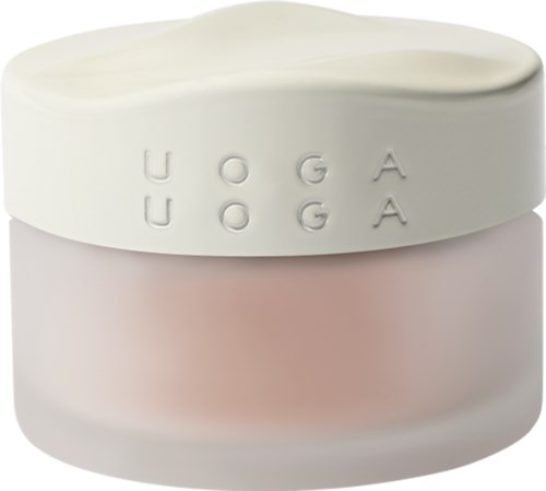 En kosmetikglas med hvid låg og lyserød creme indeni. Låget har ordet "UOGA" aftrykt.