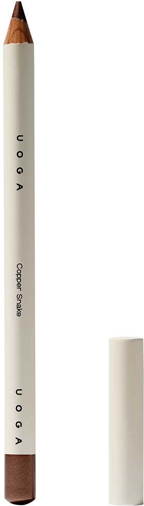 Et hvidt og brunt blyant mærket "UOGA" og "Copper Shade" vises med en hvid top ved siden af.