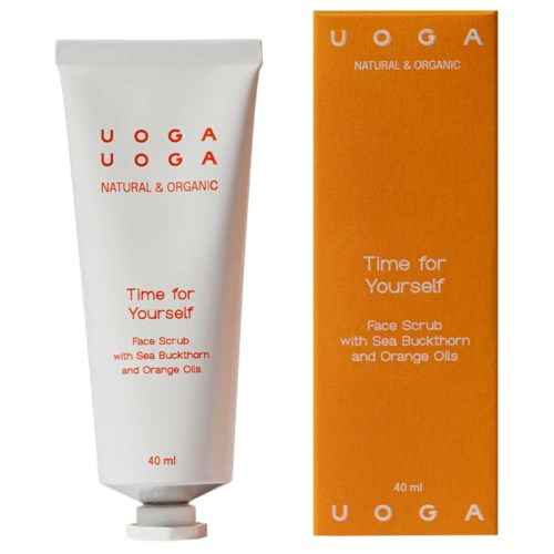 A white tube and orange box of face scrub with sea buckthorn and orange oils, labeled 'Time for Yourself.'