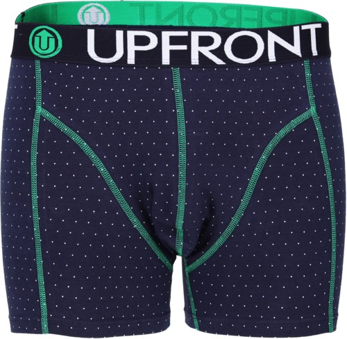 Mörkblå boxershorts med små vita prickar, grönt sömmar och en svart midja med vita bokstäver, märkesnamn "UPFRONT".