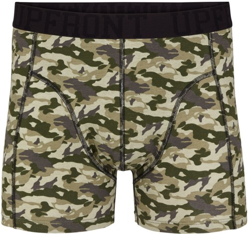 Camouflage mönstrade boxershorts med svart midjeband, framför blixtlås och kontraststygn.