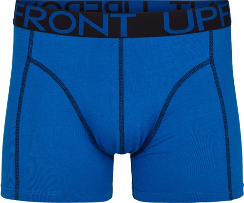 Blå mäns boxershorts med svart midja märkt 'FRONT UP'.