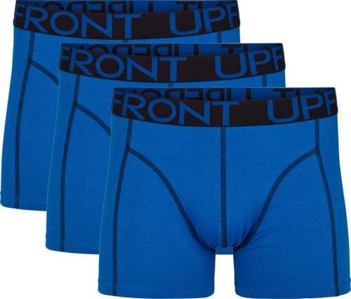 Tre blå herrunderkläder med svart midjeremse som säger 'FRONT UP'. Enkel design, bekvämt passform.
