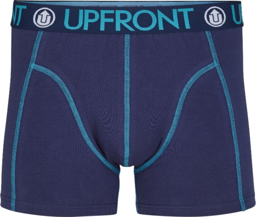 Ett par marinblå mäns boxershorts med blå sömmar och en elastband med blå och vita "UPFRONT" logga.