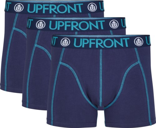 Tre par defensbyxor för män i navyblå färg med blå sömmar och en blå resår märkt 'UPFRONT' i ljusblått.