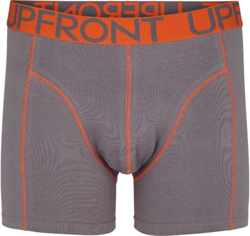 Grå underkläder för män med orange resår och sömmar, märkt 'UP FRONT' på bandet.