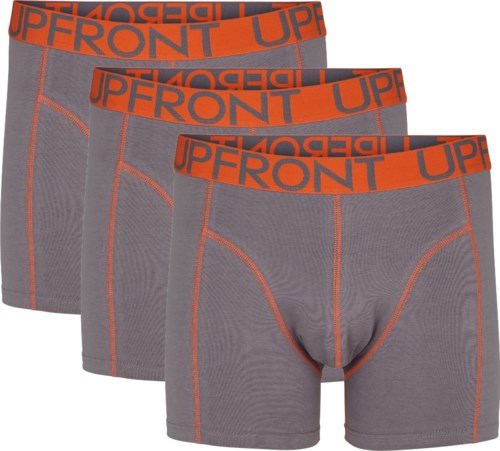 Tre grå underkläder för män med orange midjeband som säger "UP FRONT".