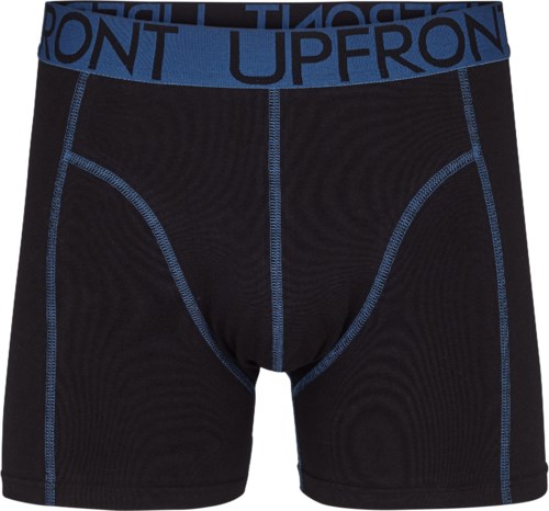 Svart och blå herrunderkläder med en elastisk midja som har märket 'UPFTRON' på sig.