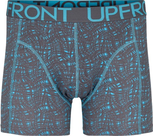 Mörkgrå shorts med blå mönster och en blå midja som säger "FRONT UP."