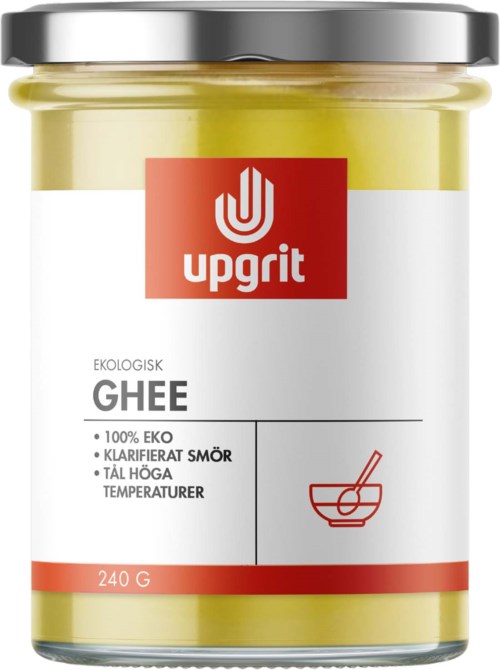 Purkkia keltaista gheetä, punaisella ja valkoisella etiketillä, näyttää Upgrid-merkin ja tekstiä suomeksi.